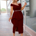 D214   summer short-sleeve bodycon solid color slit ol off-shoulder european and american style dress - cross-border formal dress