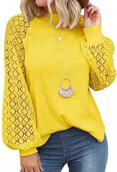 new cross-border  autumn/winter round neck long sleeve lace patchwork loose top for women