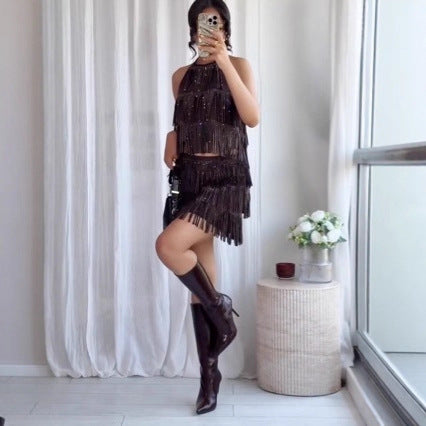 Niche designer new arrivalhalter butterfly strap backlesssilm tassel sexydress
