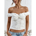 Women's white lace off-the-shoulder backless ruffle twist knot crop top, women's summer fashion apparel