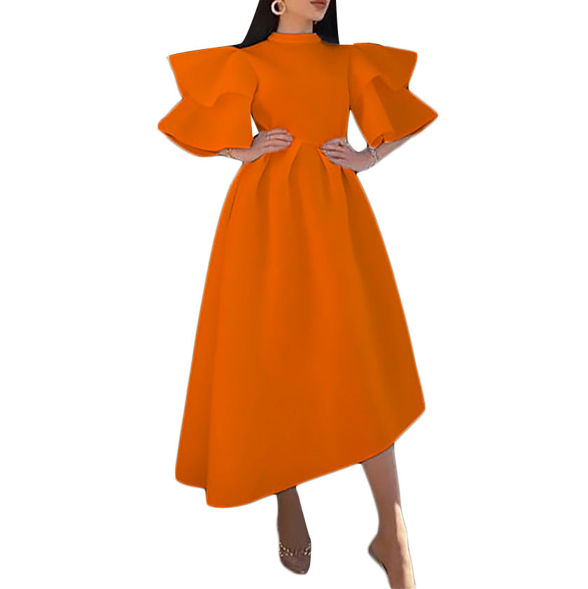 Amazon cross-border african women's clothing  summer new double-layer ruffle sleeve solid color banquet dress european and american style dress