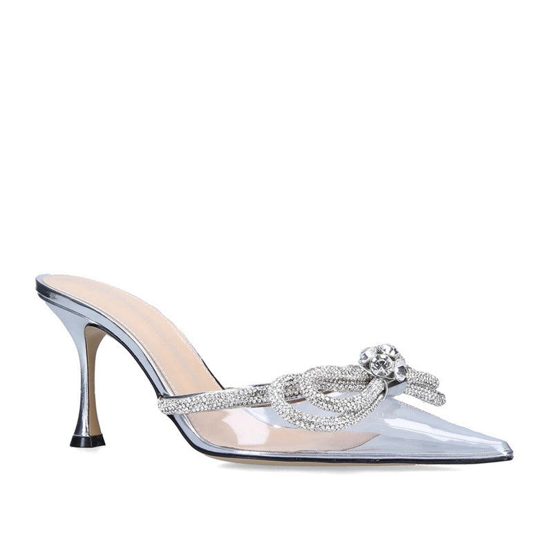 Transparent bow rhinestone high heel sandals pointed toe closed toe stiletto heels fashion european and american cross-border style