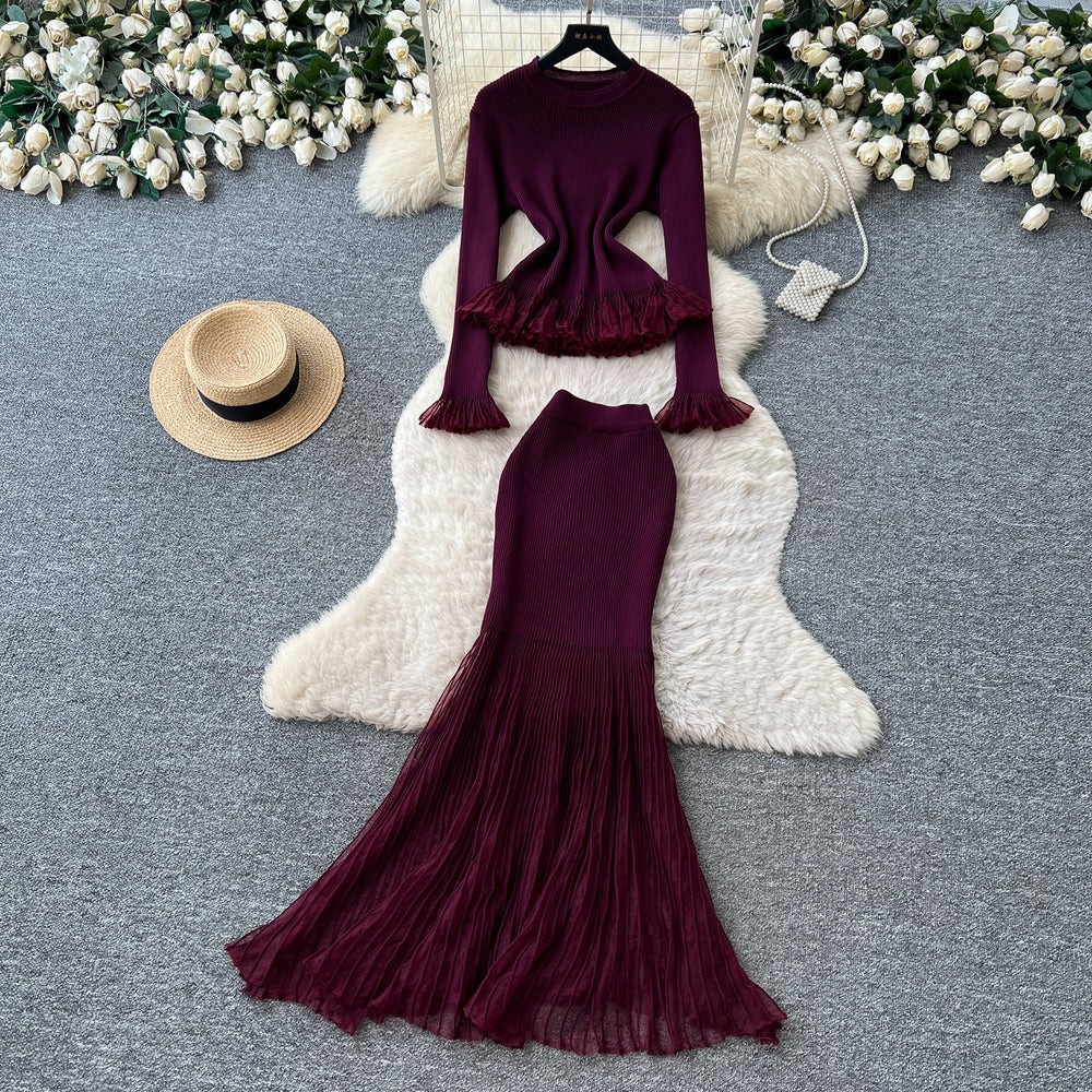 Lightly mature eleganceknittingrufflestops hip skirt two-piece set female autum silmwork clothingelegantsuit