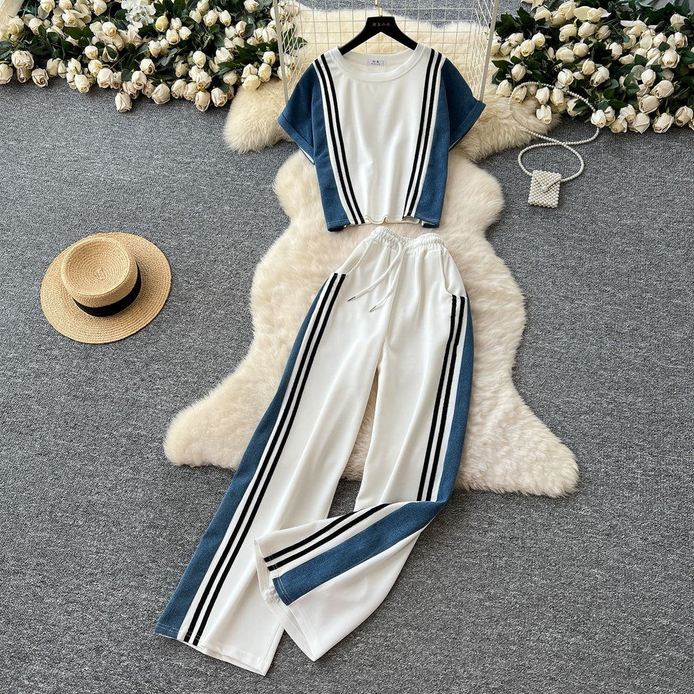 Summer fashion color block striped trim short sleeve top & high waist denim patchwork wide leg straight leg pants casual set for women