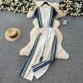 Summer fashion color block striped trim short sleeve top & high waist denim patchwork wide leg straight leg pants casual set for women