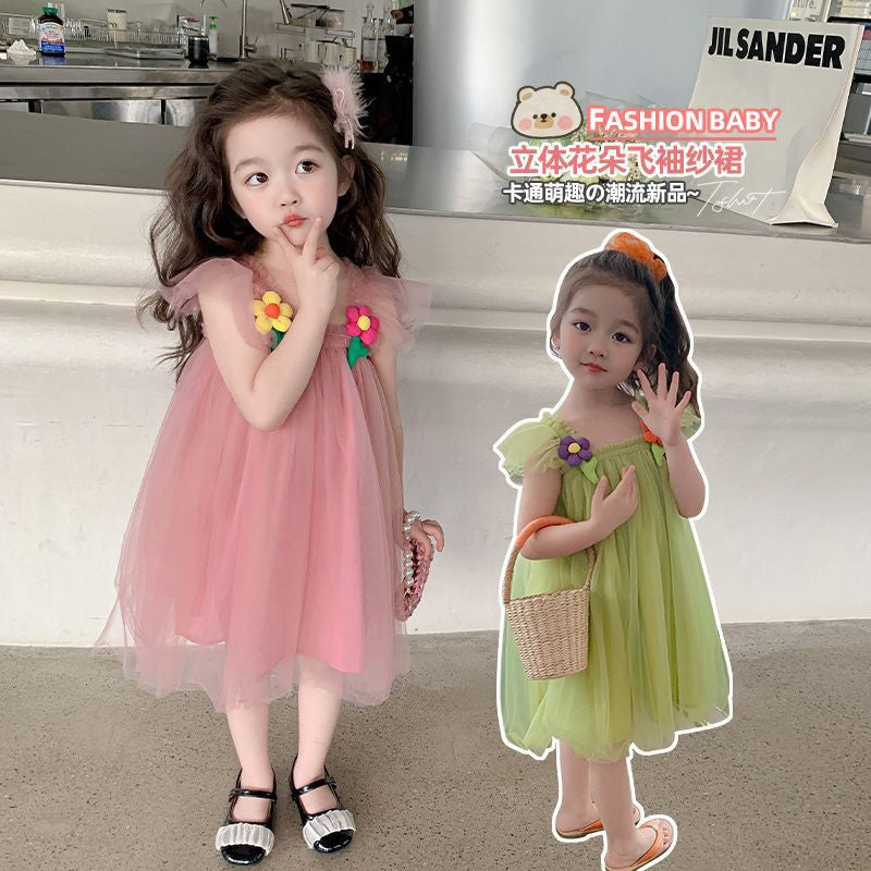 Girls' summer dress  new style: trendy and sweet sundress for baby girls - princess mesh dress with spaghetti straps