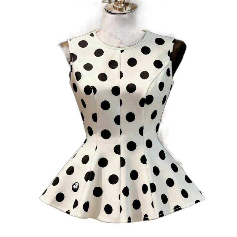 Women's summer new french chic vintage polka dot round neck sleeveless a-line tank top - perfect for going out and dating