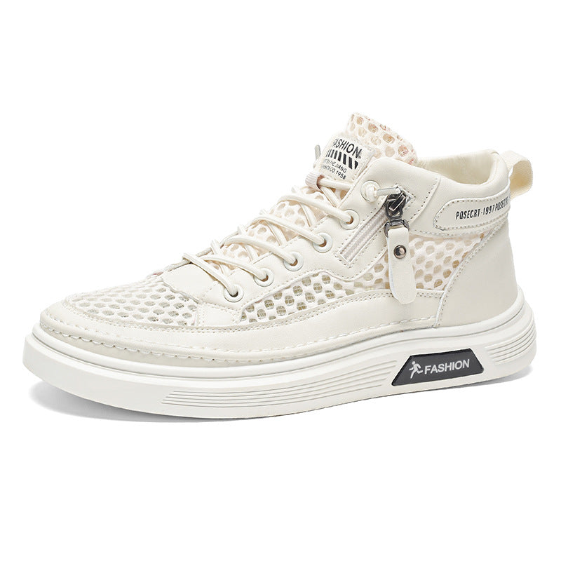 Spring men's new breathable high-top sneakers: trendy, versatile, mesh, anti-slip, athletic, hollow-out, casual skate shoes