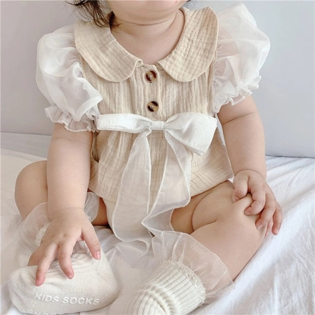 Summer gauze breathable bubble sleeve mesh bodysuit outfit with headband - fresh & chic short sleeve