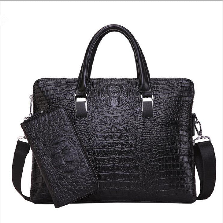New men's bag crocodile pattern double pull handbag men's business briefcase fashion oblique span shoulder computer bag