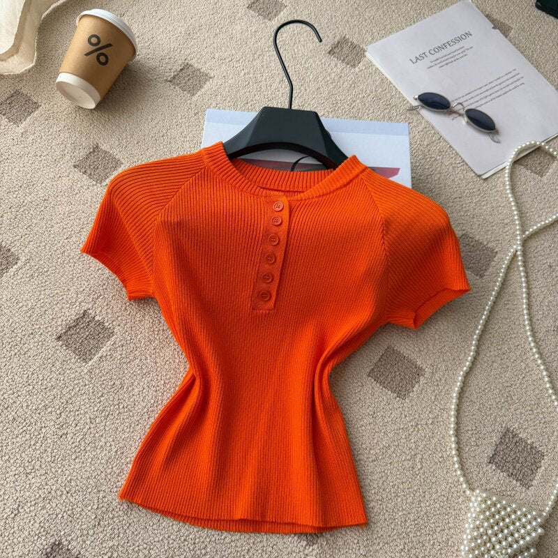 Old money style knittingcasualpure colorcasual women's summereasiest for matchslimming look single breastedv neckwork clothingtops multi-color