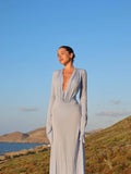 Wholesale women's fashion: autumn  new arrivals - elegant solid color v-neck long sleeve bodycon midi dress for export to europe and the us