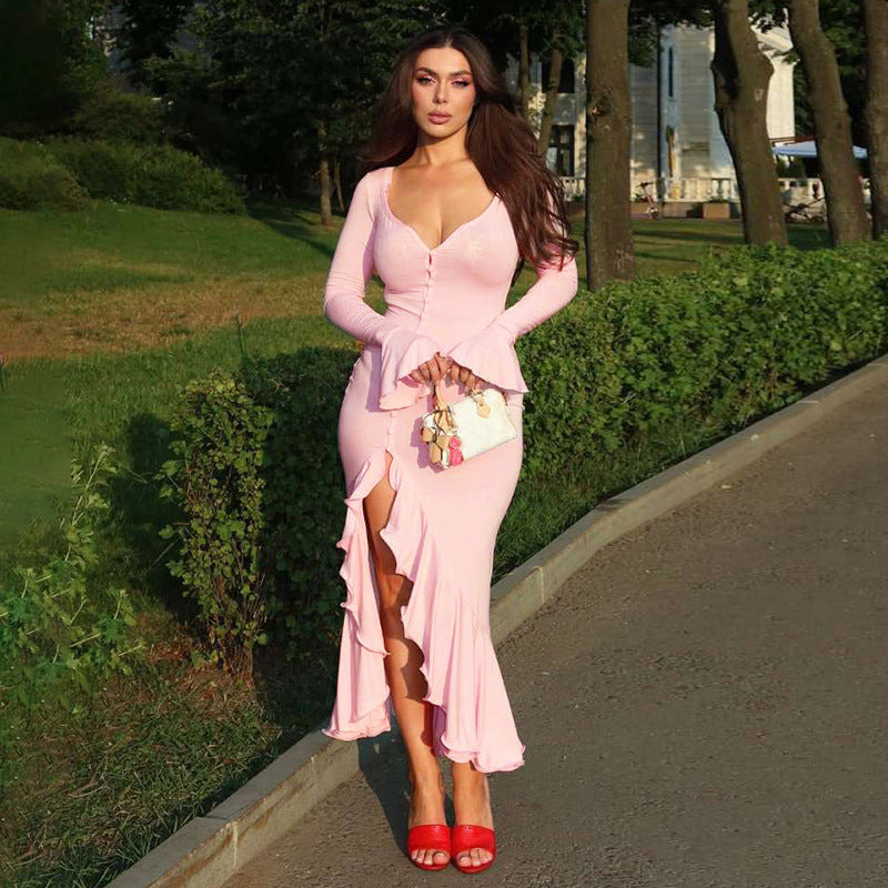 European and american cross-border women's fashion:  summer new arrivals - sexy v-neck flared sleeve ruffle hem slit dress