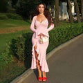 European and american cross-border women's fashion:  summer new arrivals - sexy v-neck flared sleeve ruffle hem slit dress