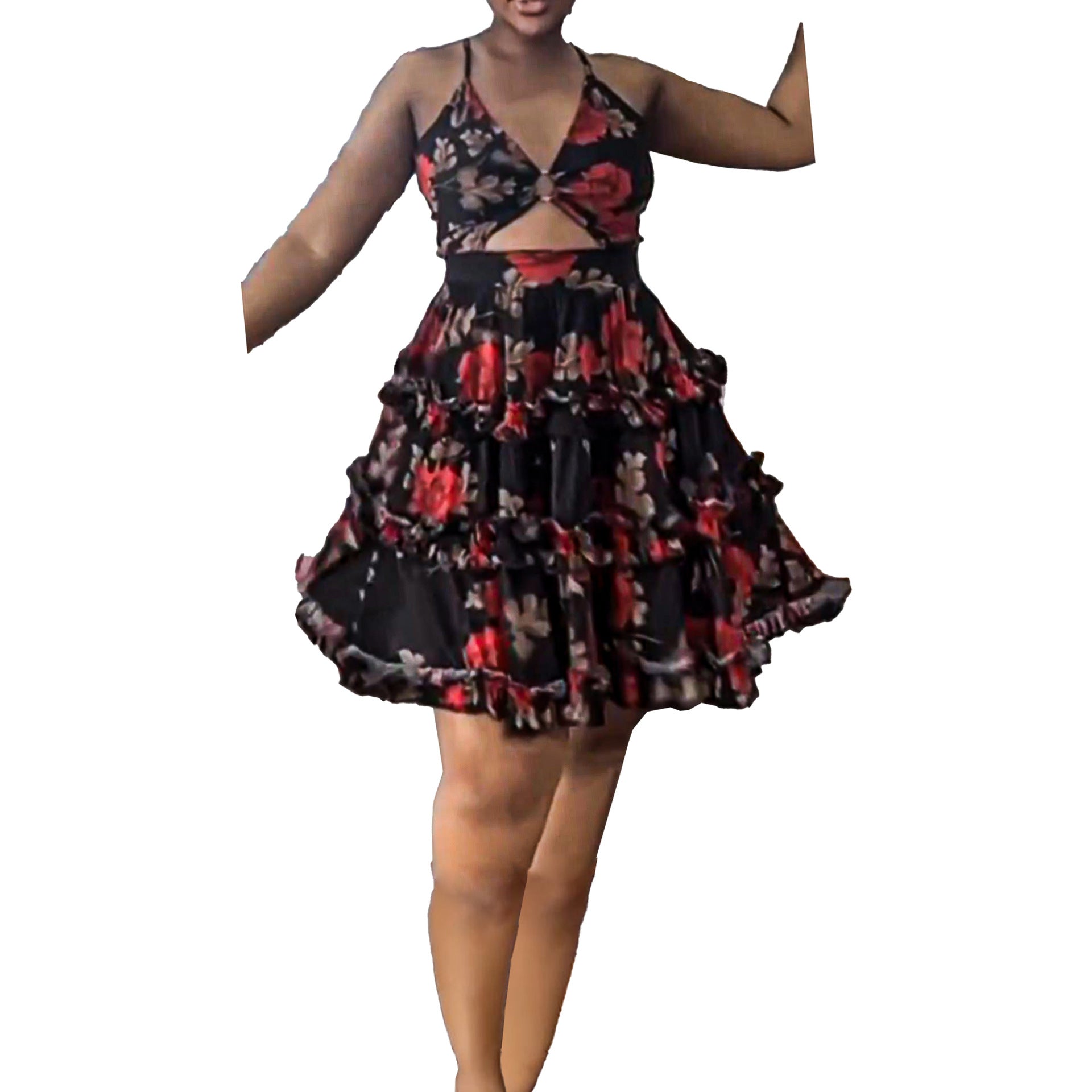 S10538 European and American, sexy, slim fit, printed fungus edge elastic cross suspender hollow cake dress dress