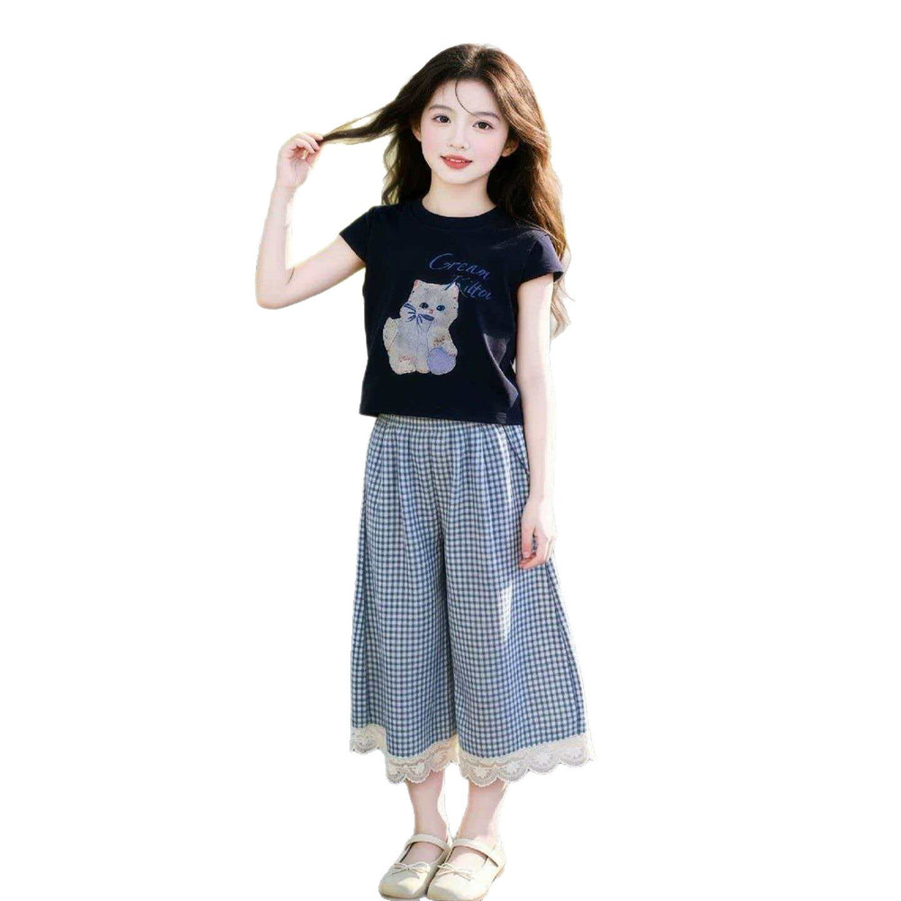 Girls' printed short-sleeve t-shirt set - new summer  collection: kids' summer outfit for girls, featuring a lace-trimmed plaid skirt two-piece set