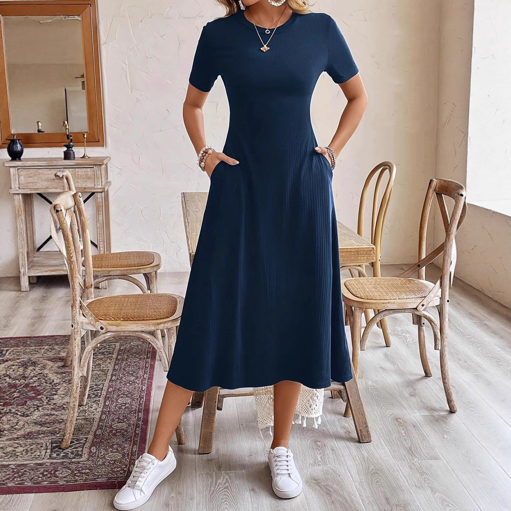 Ready-to-ship   &  new arrival: european and american style solid color crew neck high-stretch short sleeve dress