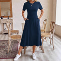 Ready-to-ship   &  new arrival: european and american style solid color crew neck high-stretch short sleeve dress