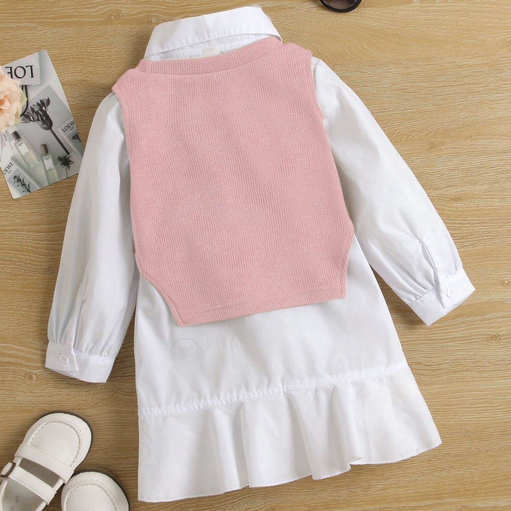 girls' autumn new arrival: collared long-sleeve ruffle princess dress shirt dress knitted vest two-piece set