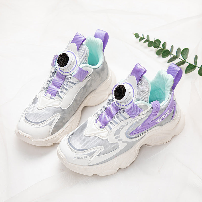 New leather sports running shoes for primary and secondary school students, rotating buckle handsome boys, spring and autumn versatile basketball shoes for girls