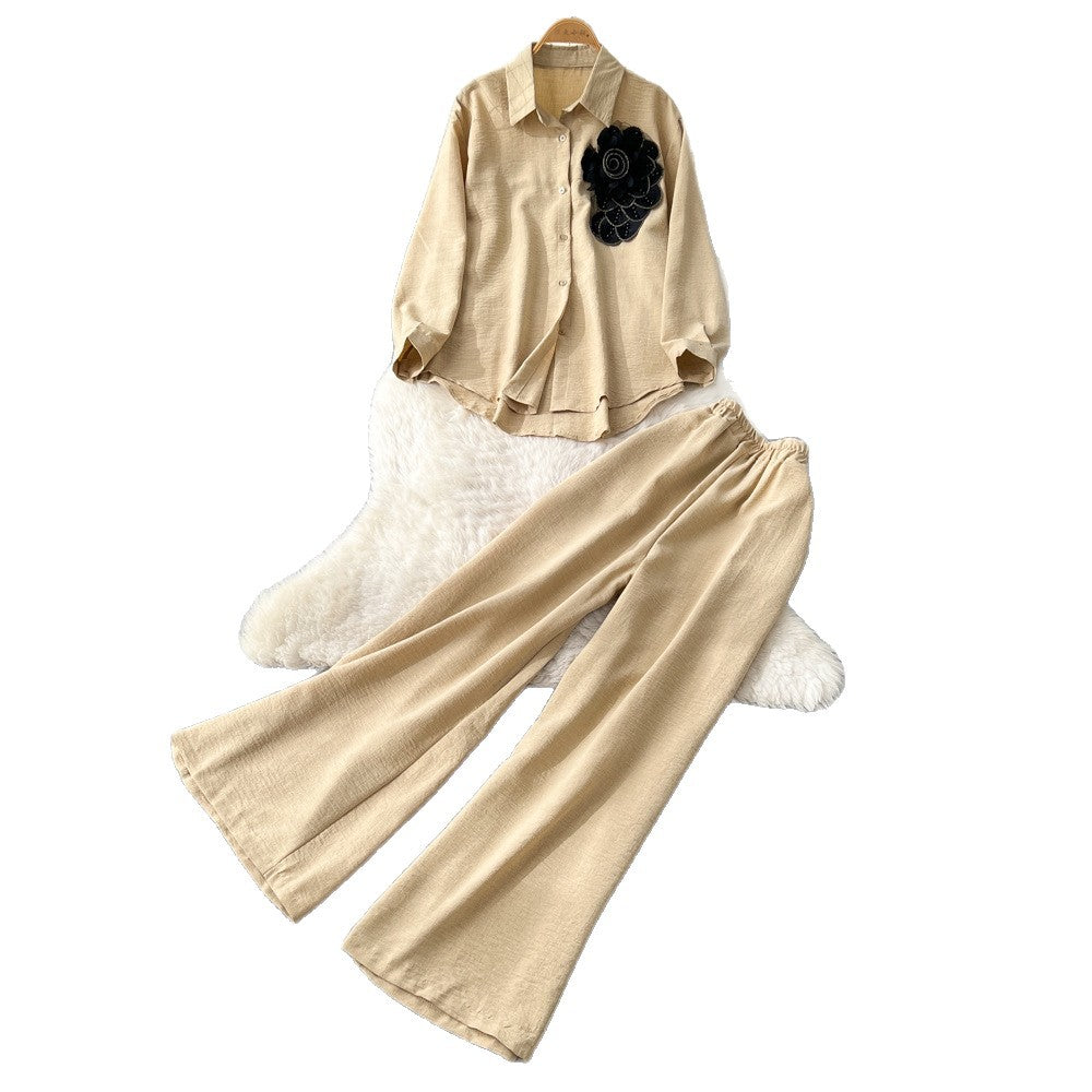 Light mature style wear women's autumn fashion heavy industry beading stereo flower long sleevesshirthigh waistloose wide leg pants