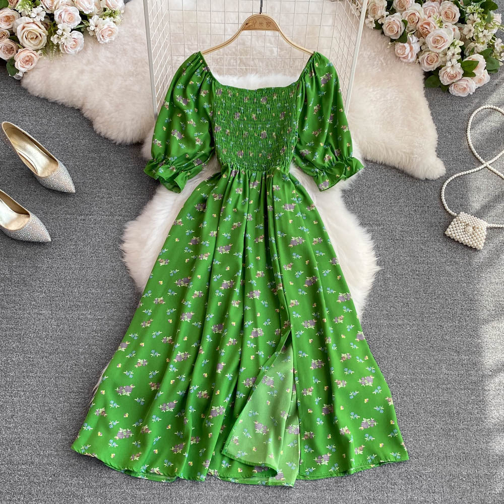 2024 summer new french chic sweet square neck puff sleeve a-line dress with cinched waist and slit – slimming and flattering