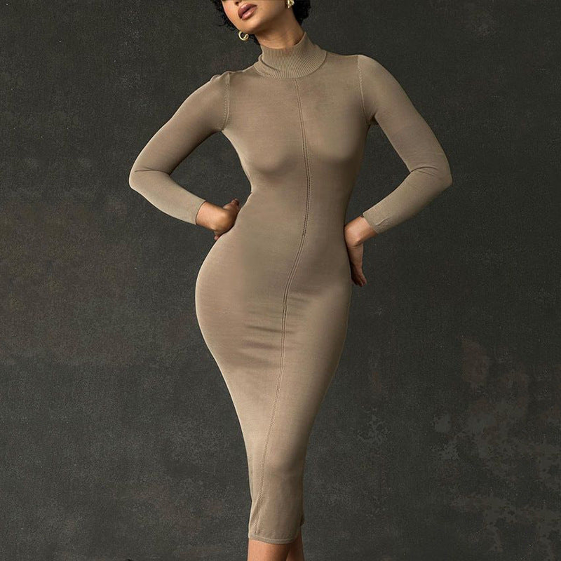 European and American   knitted women's clothing semi-turtleneck dress fashionable and sexy Spice girl temperament tight backless dress