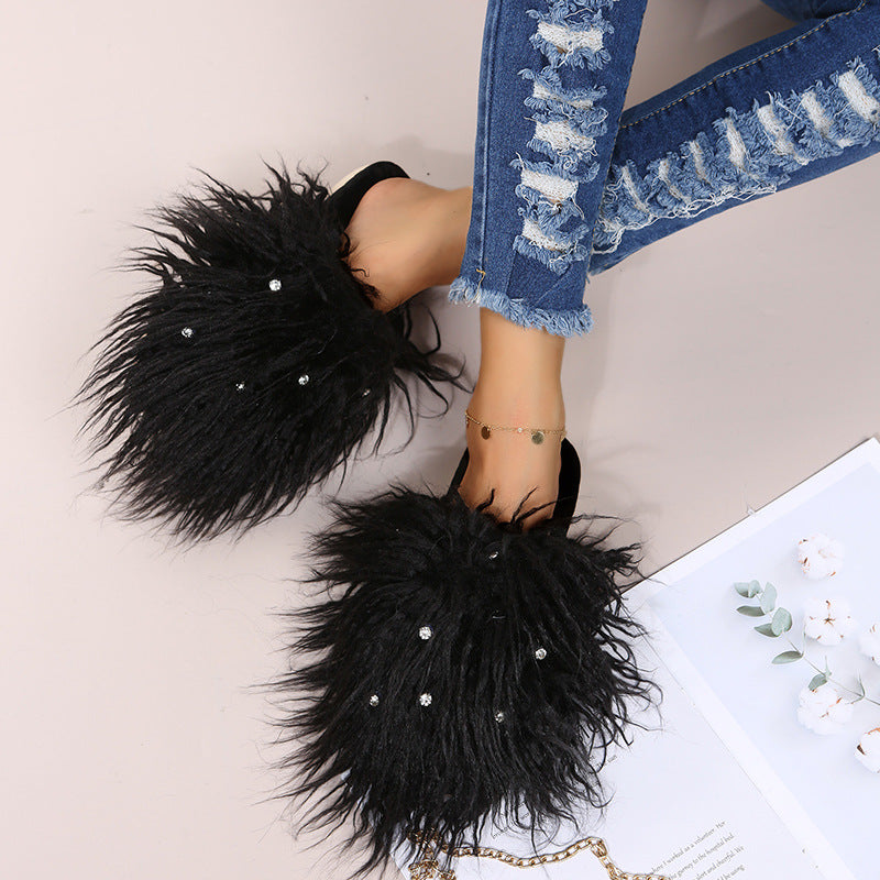 Slippers long hair fall and winter women's baotou k-style fashion rhinestone fur baotou slippers artificial fur wooden floor artificial fur