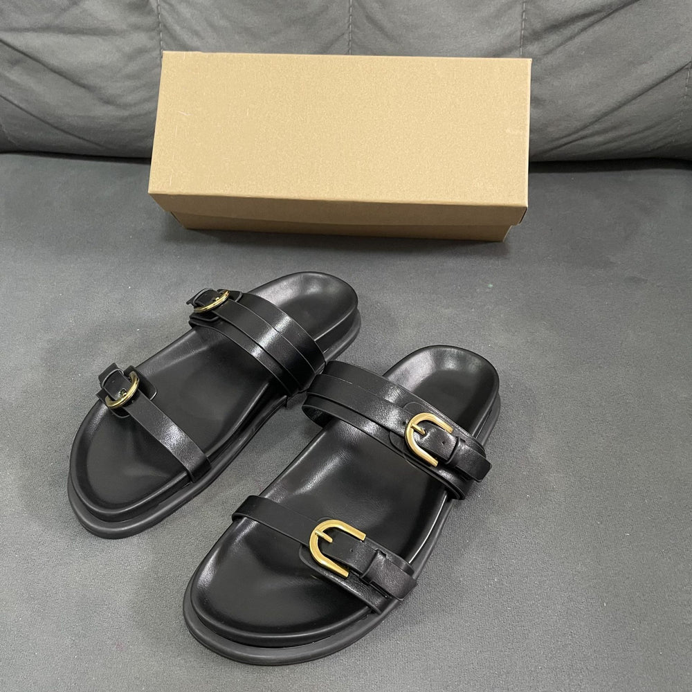 Spanish summer new arrival: women's black buckle-back open-toe sandals - breathable, round-toe, fashionable flat sandals