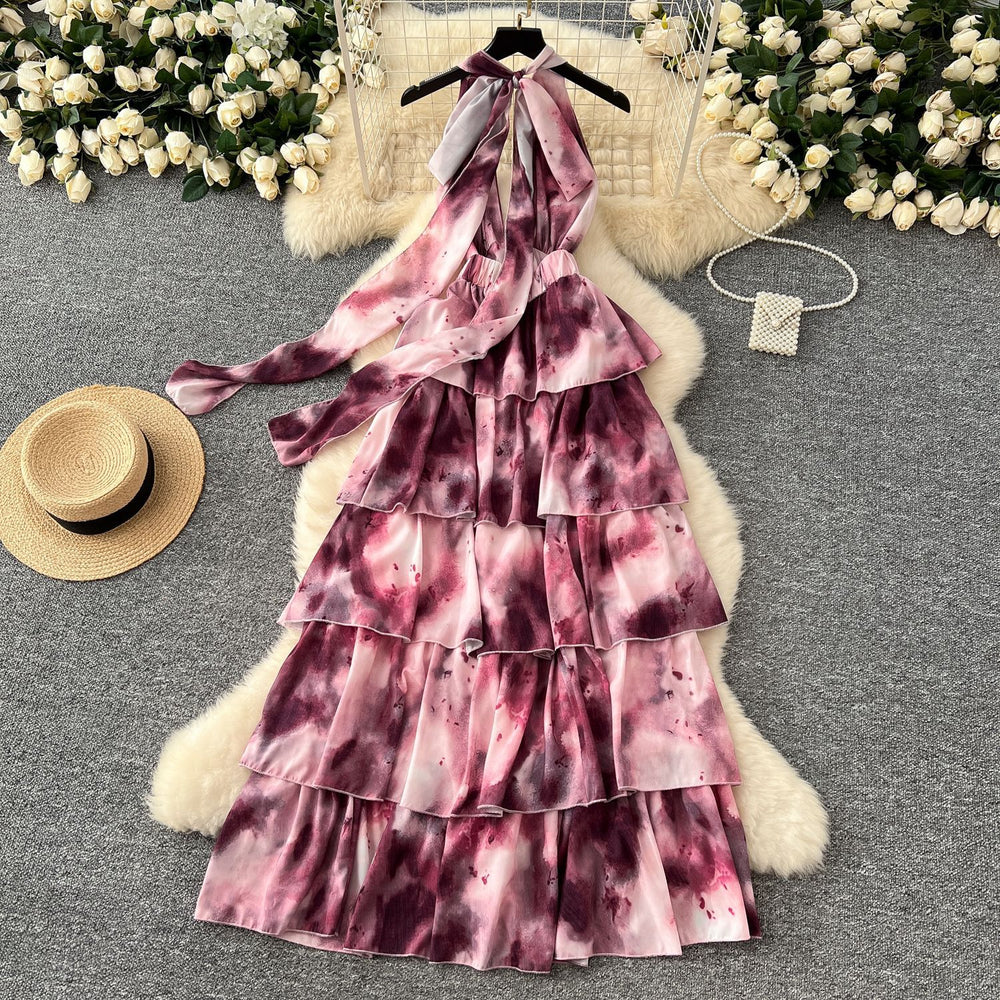 Summerniche style deep v neckhalter strap sleeveless ruffles cake dress female waist elegant holiday long skirt