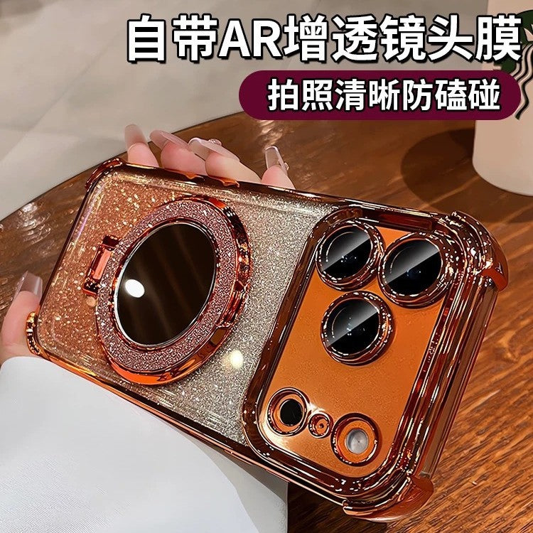 Glitter mirror magnetic stand compatible iphone 17 pro case, 16, apple 13, four-corner electroplated drop-proof protection
