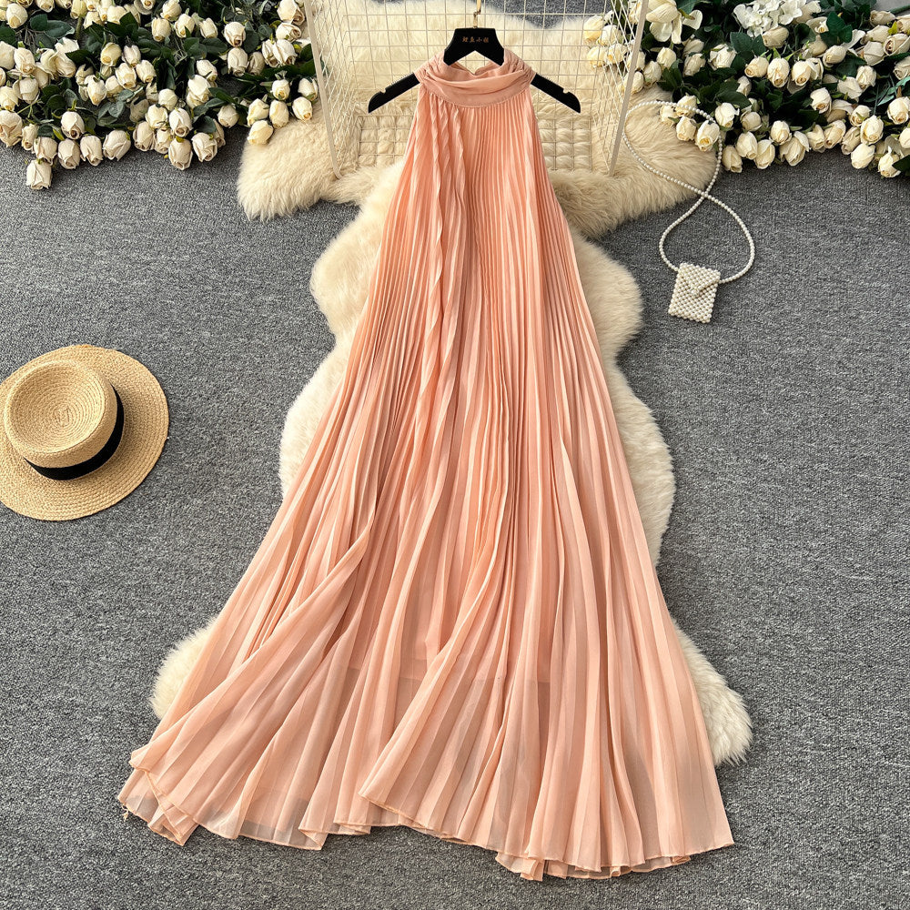 Vacation style halter sleeveless pleated dress women's springk-style heavy industry pleated high waist a-line large swing long skirt