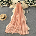Vacation style halter sleeveless pleated dress women's springk-style heavy industry pleated high waist a-line large swing long skirt