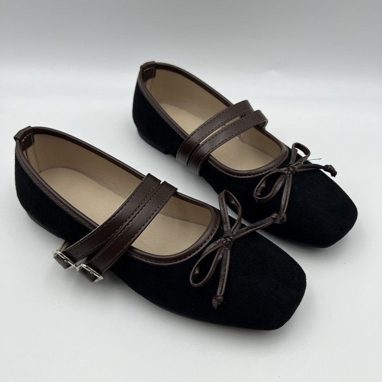 Export autumnew arrival square toe one-piece buckle flat heel shoes cross-border large size bows women's single shoes wholesale