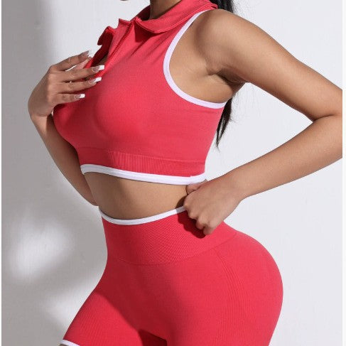 polo stand collar contrast color zipper outdoor sports vest running fitness butt lifting shorts yoga suit women