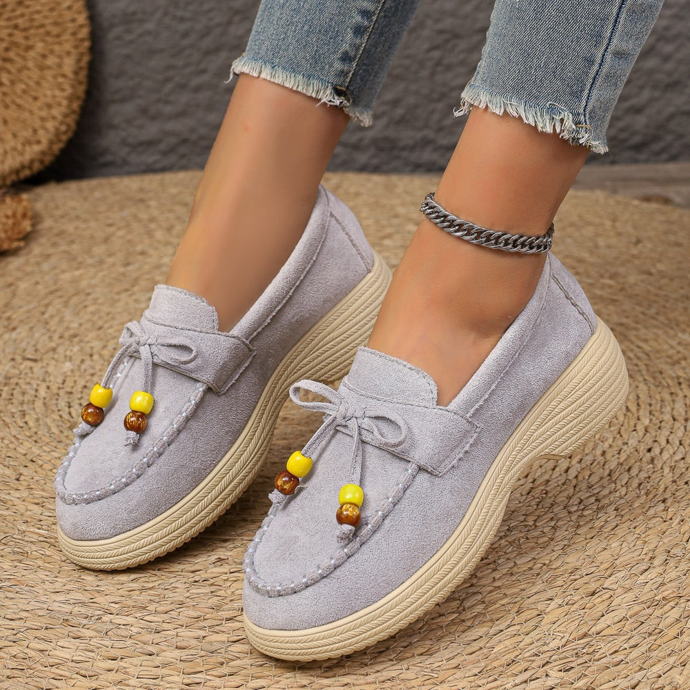 Fashionexport suede platform bottomcasuallow ankle beaded flats women's spring new arrival lightweight pure color cloth loafers