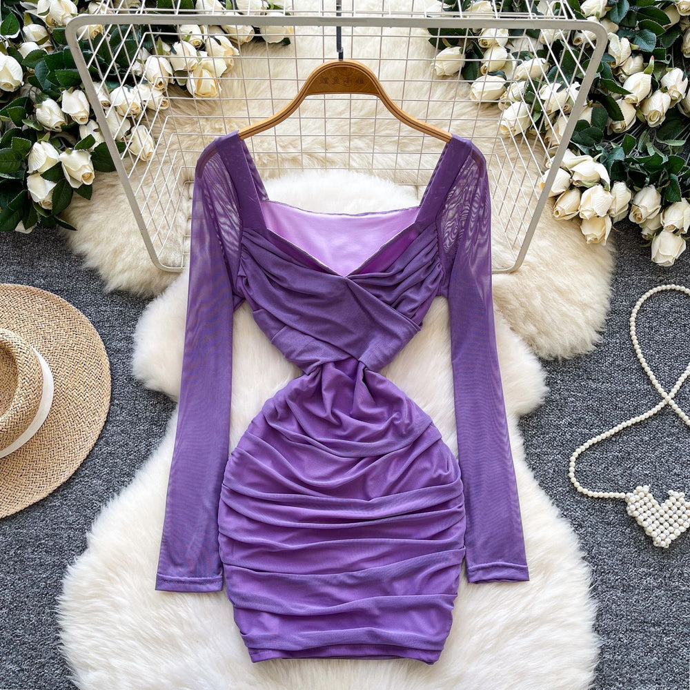 Feminine sexyv neck twist long sleeves mesh dress autum pleated waist bag hip hot girl short skirt