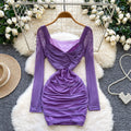 Feminine sexyv neck twist long sleeves mesh dress autum pleated waist bag hip hot girl short skirt