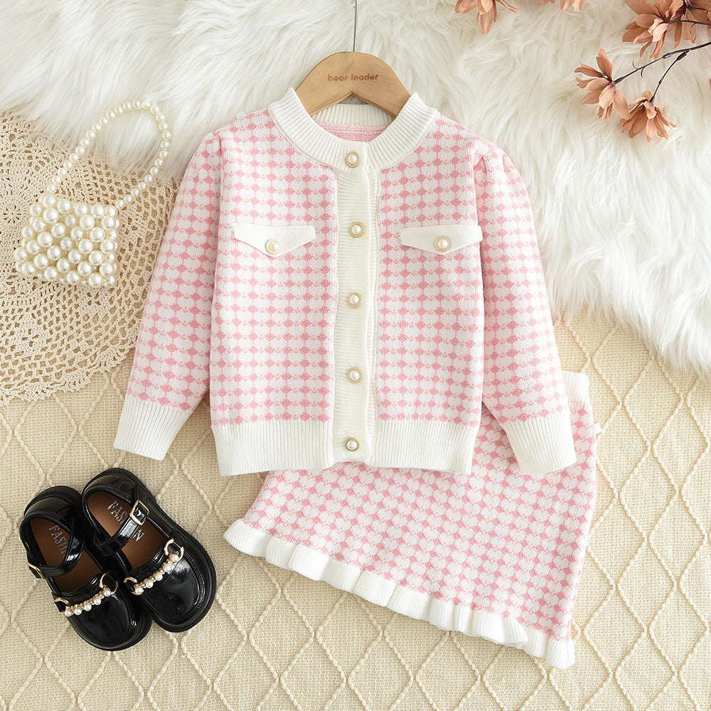 spring/autumn new girls' sweater dress set - korean style chic knitted cardigan and skirt two-piece outfit for babies - trendy