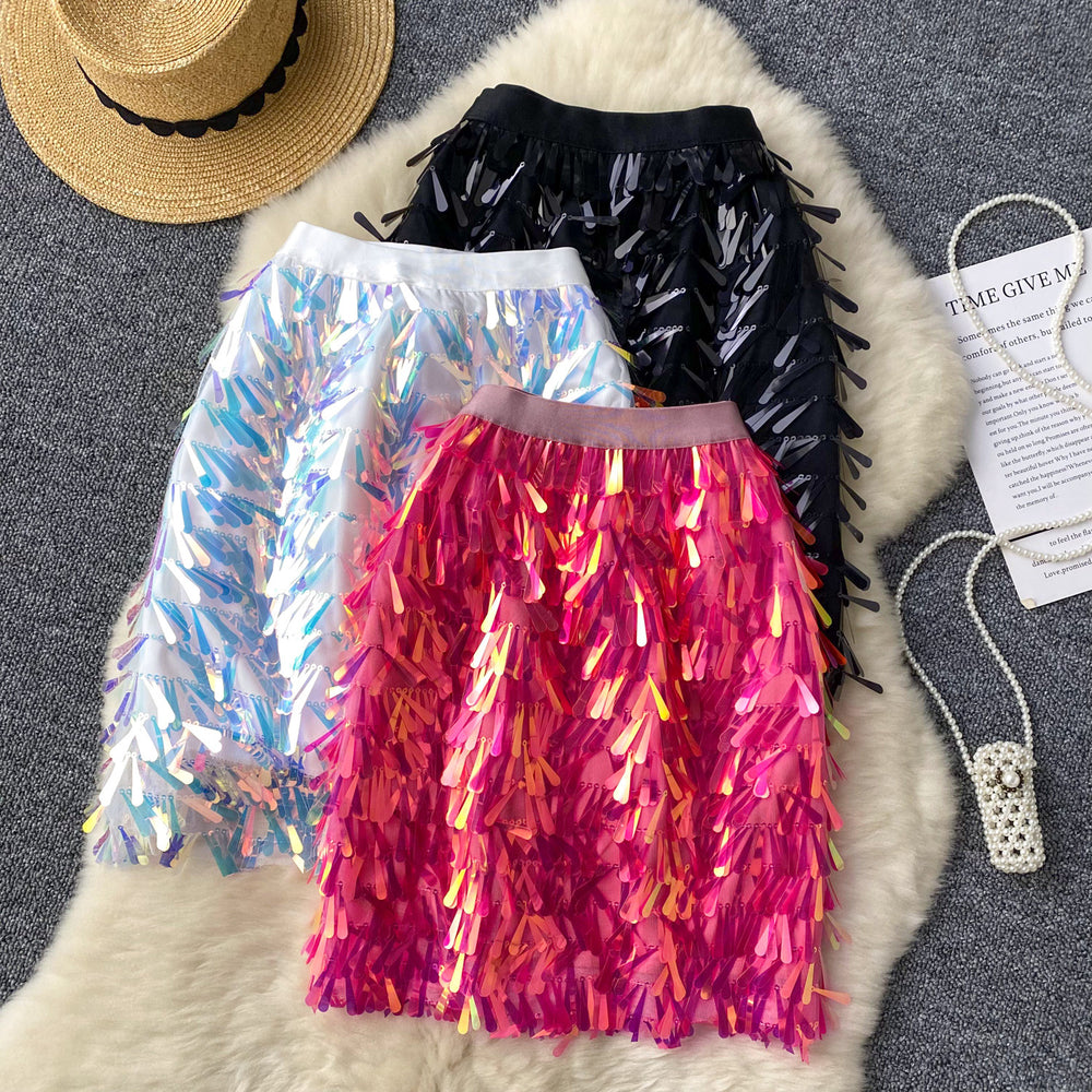 European and american style  summer new arrival: pure & sultry hot girl sexy versatile colorful sequin sparkly midi skirt with tassel detail