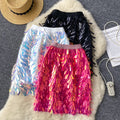 European and american style  summer new arrival: pure & sultry hot girl sexy versatile colorful sequin sparkly midi skirt with tassel detail