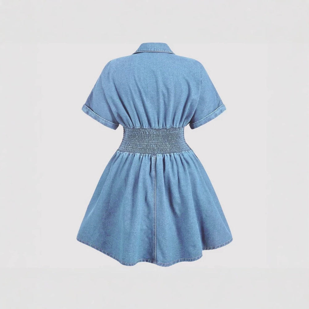 summereleganceelegantretrowork clothingfashiontrendy denim skirt waist v neck short sleeve women's dress