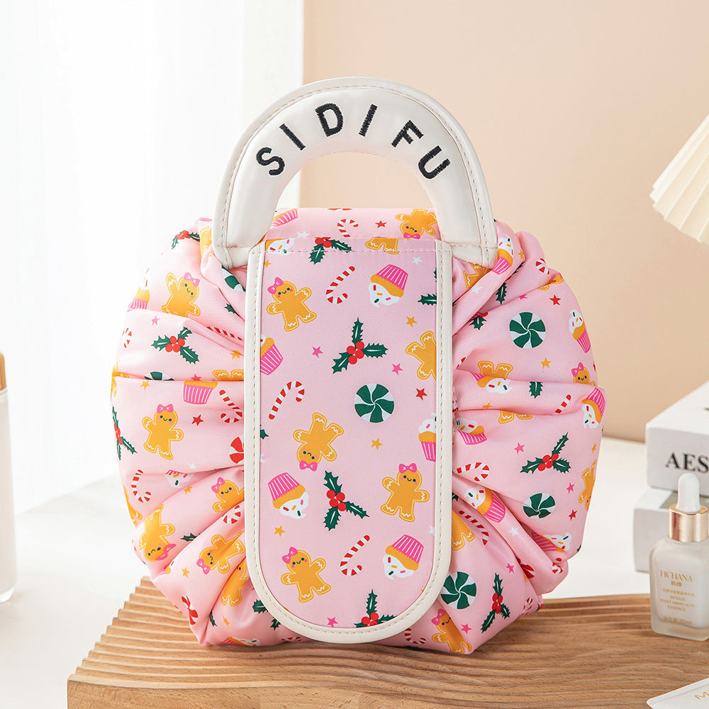 Printed Lazy Cosmetic Bag Twill Drawstring Storage Bag Large Capacity Portable Bundle Mouth Bag Travel Christmas Wash Bag
