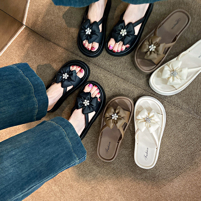 Summer fairy style outdoor slippers - comfortable, versatile, rhinestone clover design, soft sole, fashionable, minimalist, women's platform slippers