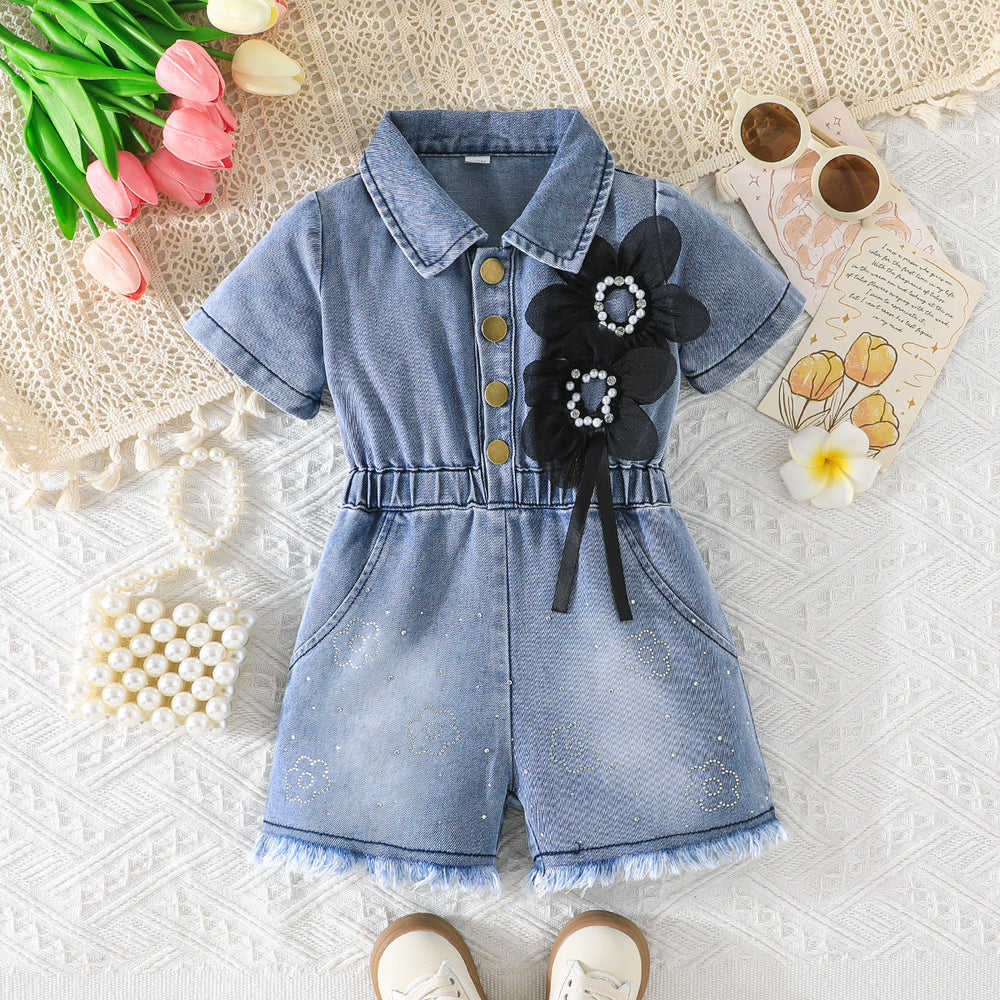girls' denim jumpsuit - short sleeve, turn-down collar, cinched waist, pearl and floral embellishments, girls' cargo pants style