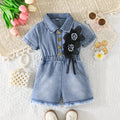 girls' denim jumpsuit - short sleeve, turn-down collar, cinched waist, pearl and floral embellishments, girls' cargo pants style