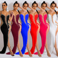 C6039   fashion women's solid color rhinestone hotfix long dress v-neck sleeveless spaghetti strap dress