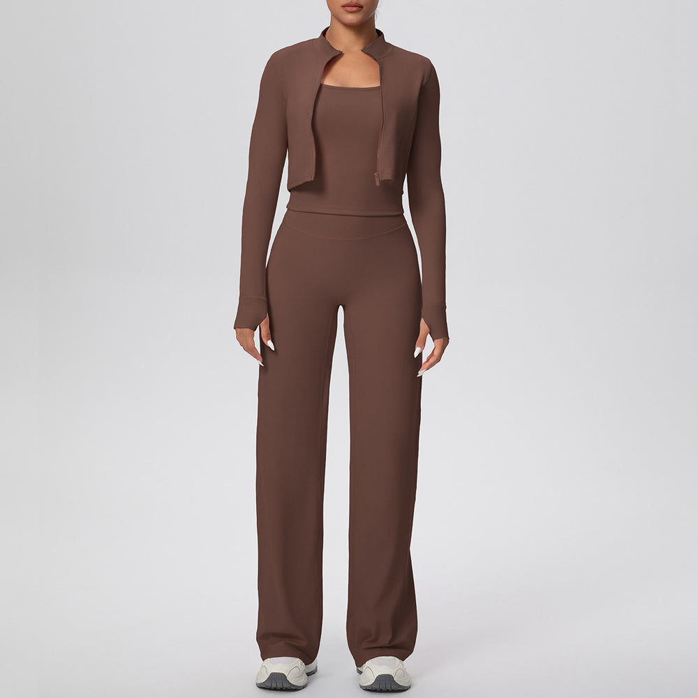 pure color brushed tight tank top wide-leg long three-piece set sports running fitness yoga suit