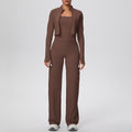 pure color brushed tight tank top wide-leg long three-piece set sports running fitness yoga suit