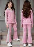 Girls' two-piece outfit for export: purple-pink and gray striped, turn-down collar, long-sleeved top with flared pants - kids' casual set
